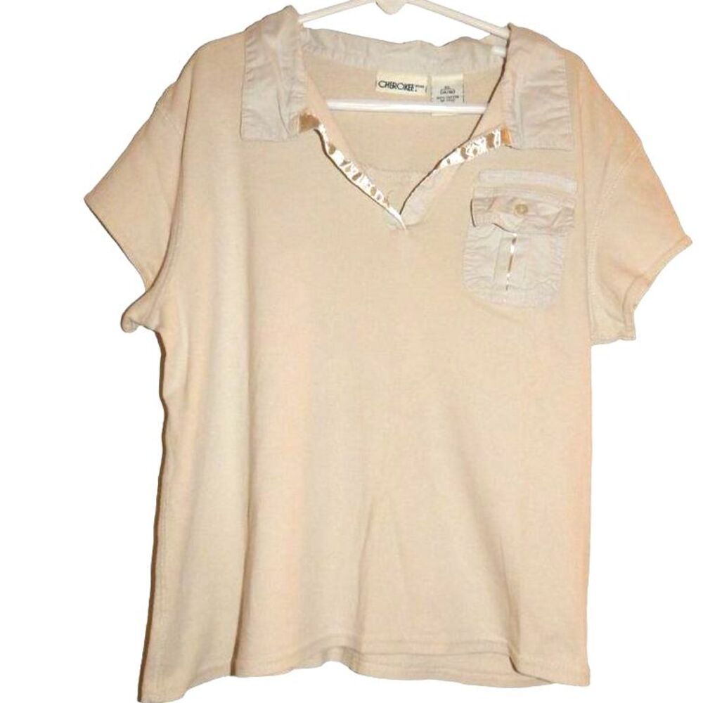 Cherokee Girls X‑Large 14/16 Tan Khaki Satin Trim V‑Neck Cotton T‑Shirt